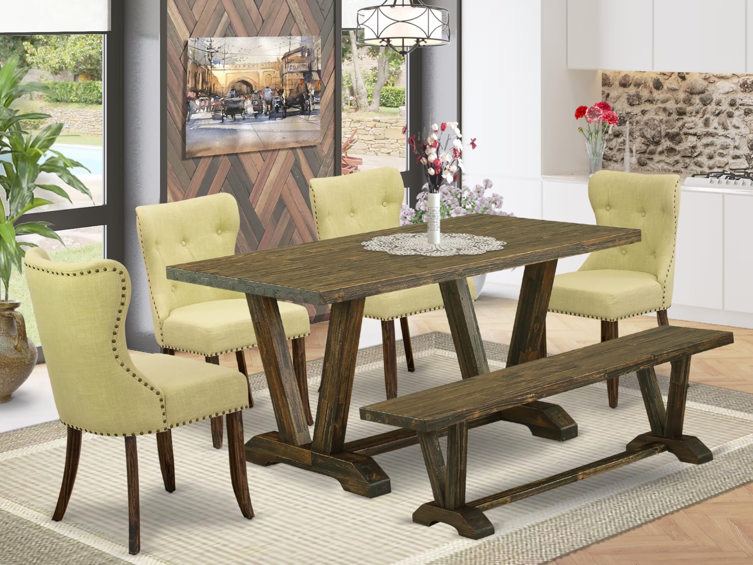 East West Furniture V776Si737-6 6 Piece Dining Table Set Contains A Rectangle Dining Room Table With V-Legs And 4 Limelight Linen Fabric Parson Chairs With A Bench, 36X60 Inch, Multi-Color